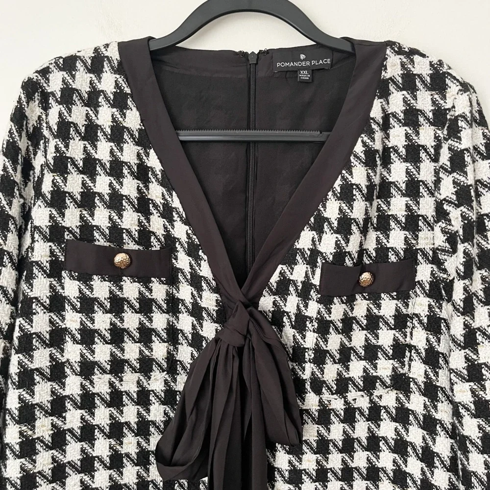 Tuckernuck Pomander Place Coco Tweed Houndstooth Bow Dress XXL Black White‎